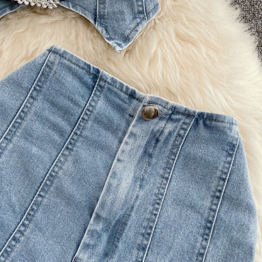 CM.YAYA Women Set Denim Strapless Belt Top +Mini shorts Sets Street Casual Two 2 Piece Set Sexy Party Outfit 2024 Summer CM.YAYA Women Set Denim Strapless Belt Top +Mini shorts Sets Street Casual Two 2 Piece Set Sexy Party Outfit 2024 Summer