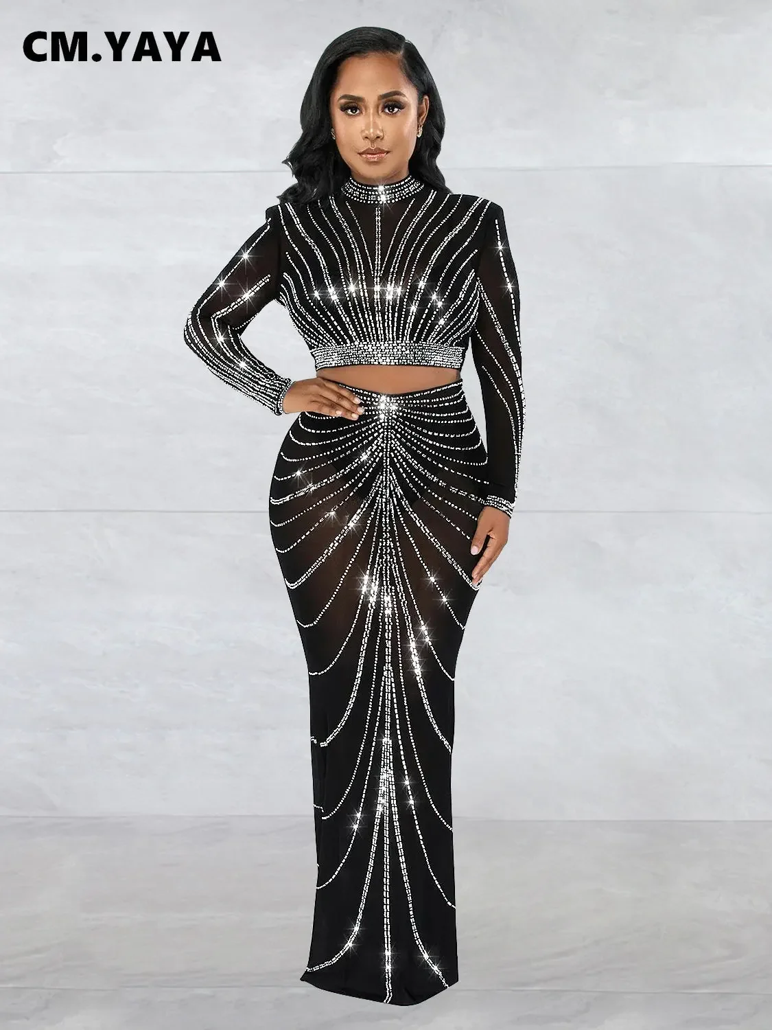 CM.YAYA Elegang Mesh See Though Diamonds Hot Rhinestones Maxi Long Midi Skirts Sets  Women Sexy Party Two 2 Piece Set Outfits