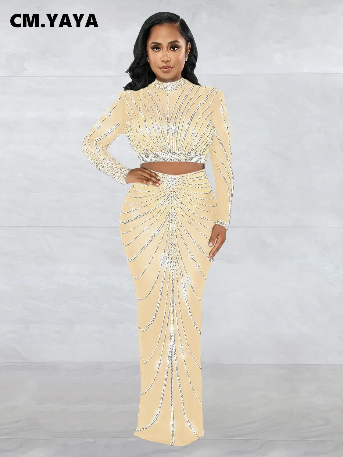 CM.YAYA Elegang Mesh See Though Diamonds Hot Rhinestones Maxi Long Midi Skirts Sets  Women Sexy Party Two 2 Piece Set Outfits