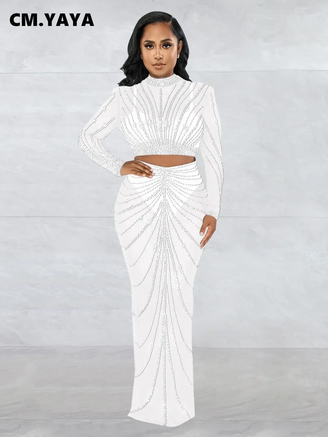 CM.YAYA Elegang Mesh See Though Diamonds Hot Rhinestones Maxi Long Midi Skirts Sets  Women Sexy Party Two 2 Piece Set Outfits