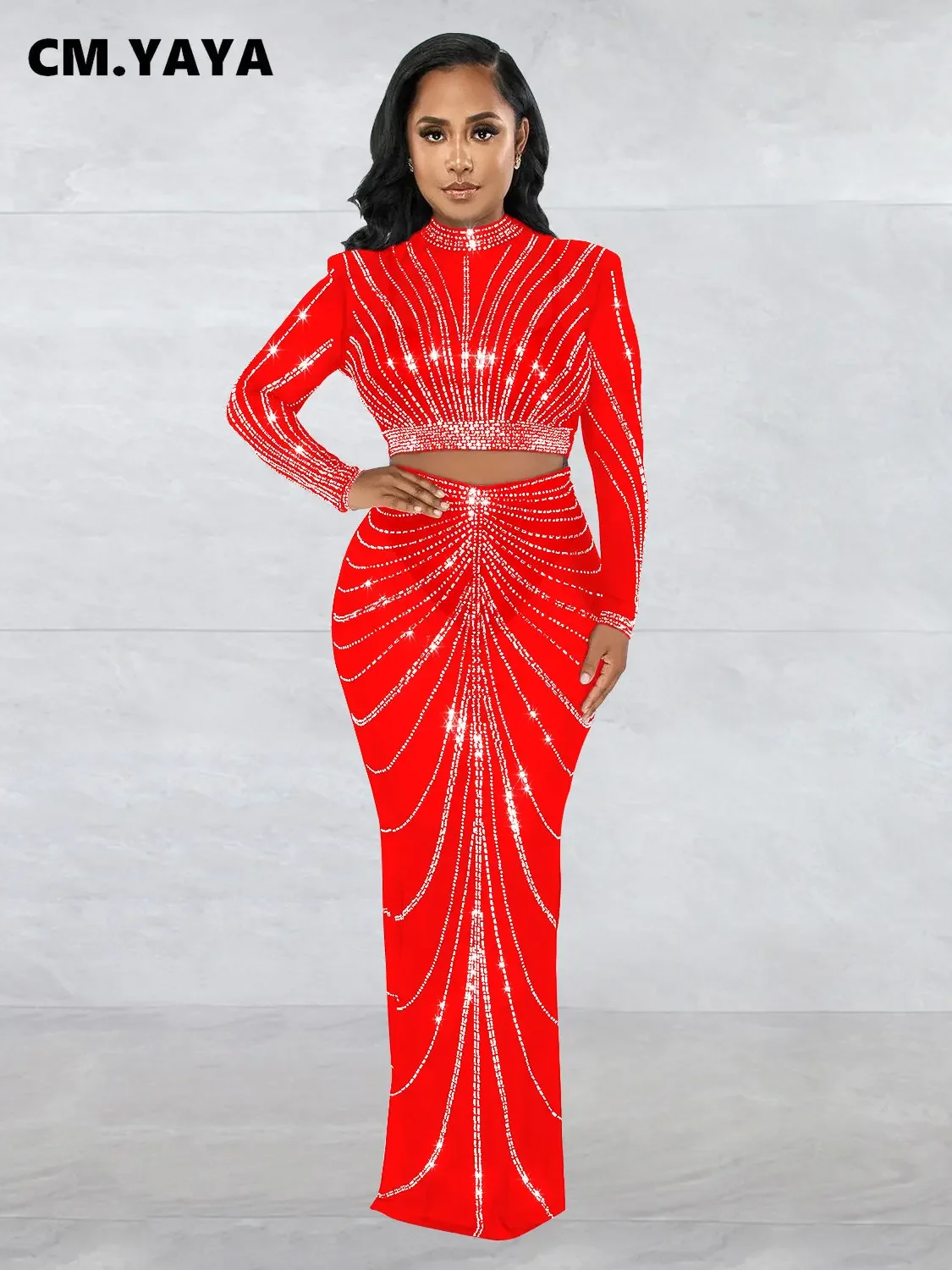 CM.YAYA Elegang Mesh See Though Diamonds Hot Rhinestones Maxi Long Midi Skirts Sets  Women Sexy Party Two 2 Piece Set Outfits