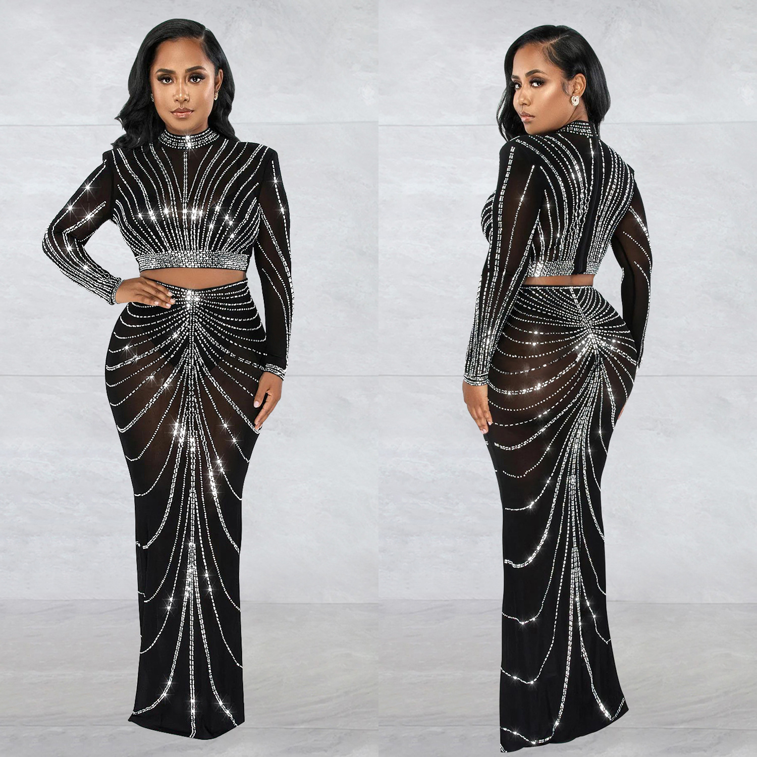 CM.YAYA Elegang Mesh See Though Diamonds Hot Rhinestones Maxi Long Midi Skirts Sets  Women Sexy Party Two 2 Piece Set Outfits