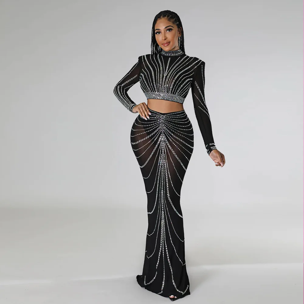 CM.YAYA Elegang Mesh See Though Diamonds Hot Rhinestones Maxi Long Midi Skirts Sets Women Sexy Party Two 2 Piece Set Outfits CM.YAYA Elegang Mesh See Though Diamonds Hot Rhinestones Maxi Long Midi Skirts Sets Women Sexy Party Two 2 Piece Set Outfits