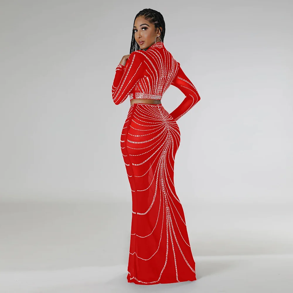 CM.YAYA Elegang Mesh See Though Diamonds Hot Rhinestones Maxi Long Midi Skirts Sets Women Sexy Party Two 2 Piece Set Outfits CM.YAYA Elegang Mesh See Though Diamonds Hot Rhinestones Maxi Long Midi Skirts Sets Women Sexy Party Two 2 Piece Set Outfits