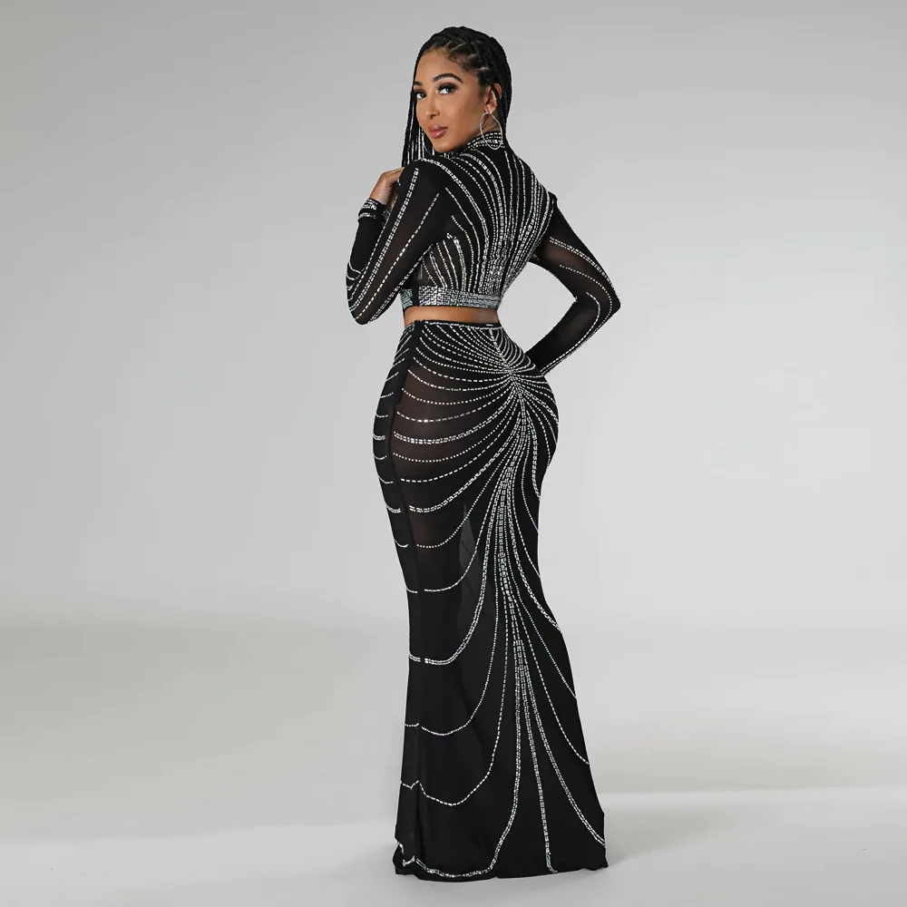CM.YAYA Elegang Mesh See Though Diamonds Hot Rhinestones Maxi Long Midi Skirts Sets Women Sexy Party Two 2 Piece Set Outfits CM.YAYA Elegang Mesh See Though Diamonds Hot Rhinestones Maxi Long Midi Skirts Sets Women Sexy Party Two 2 Piece Set Outfits