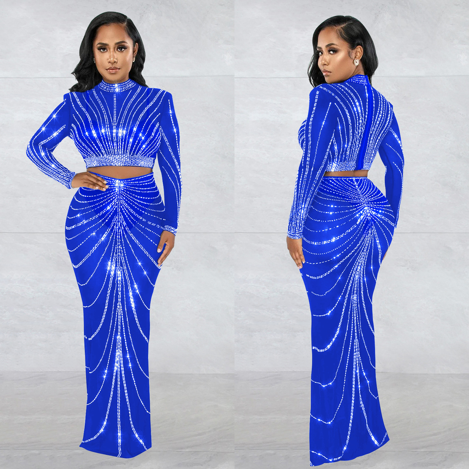CM.YAYA Elegang Mesh See Though Diamonds Hot Rhinestones Maxi Long Midi Skirts Sets  Women Sexy Party Two 2 Piece Set Outfits