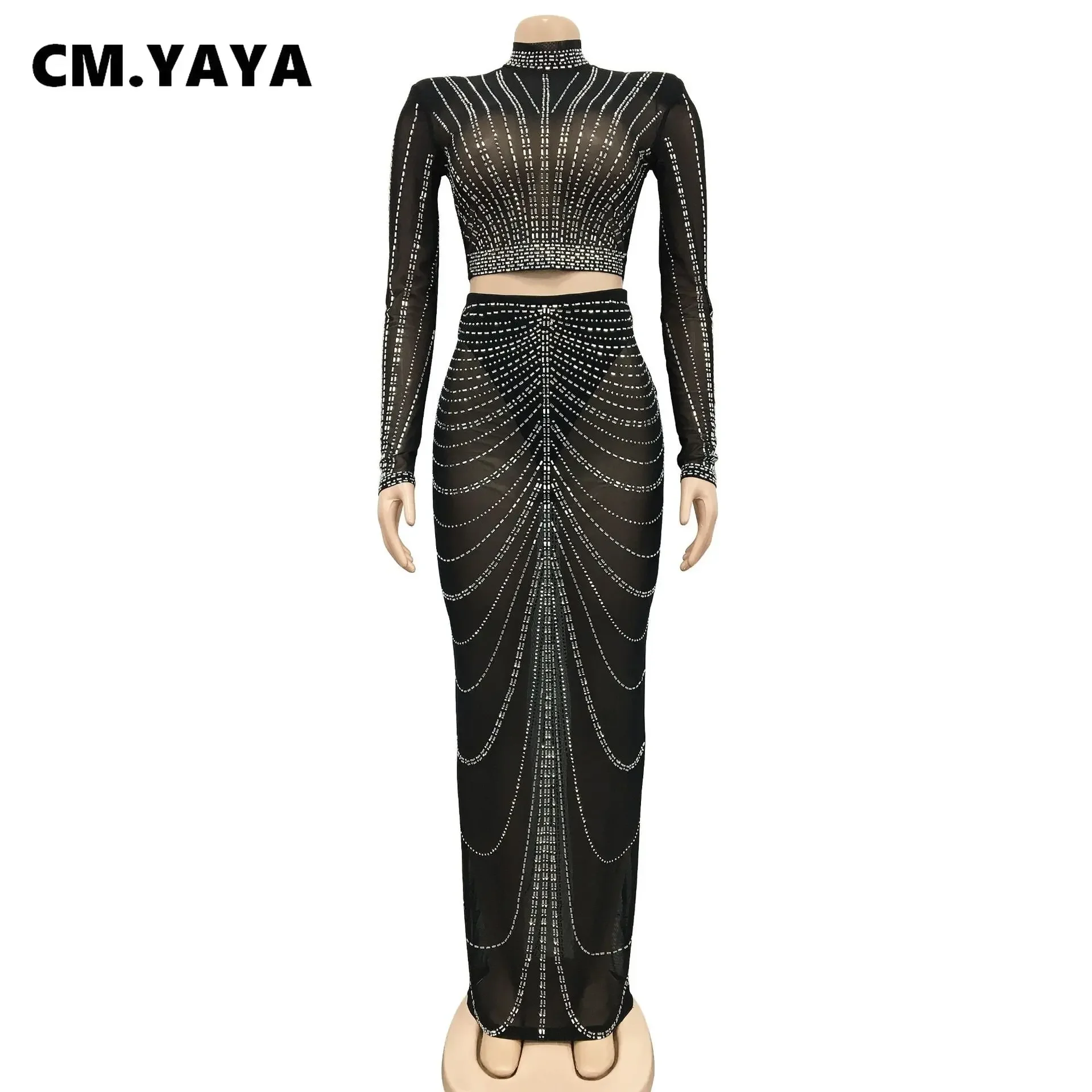 CM.YAYA Elegang Mesh See Though Diamonds Hot Rhinestones Maxi Long Midi Skirts Sets  Women Sexy Party Two 2 Piece Set Outfits