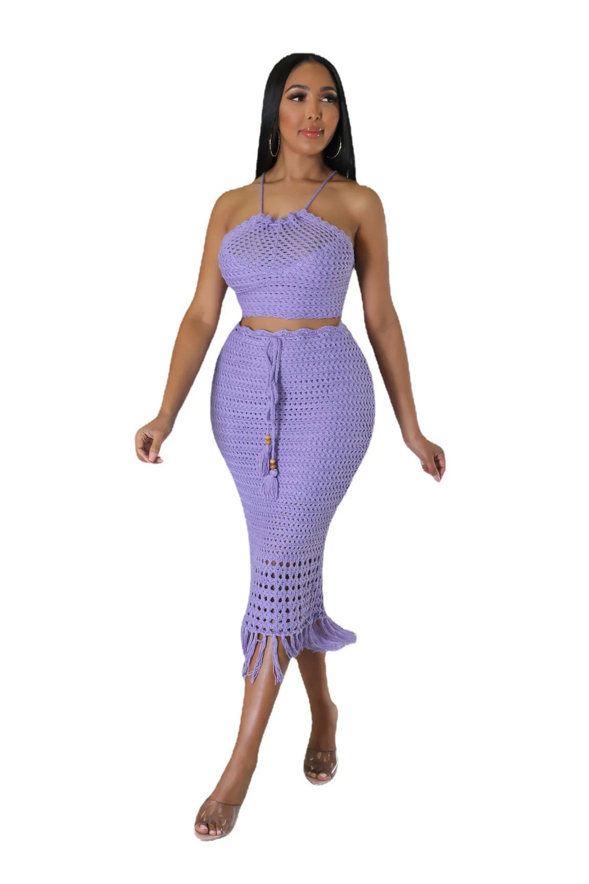CM.YAYA Beach Knit See Though Women Two 2 Piece Set Outfits Halter Neck Crop Top and Tassel Midi Skirt Suit 2023 New Dress Set