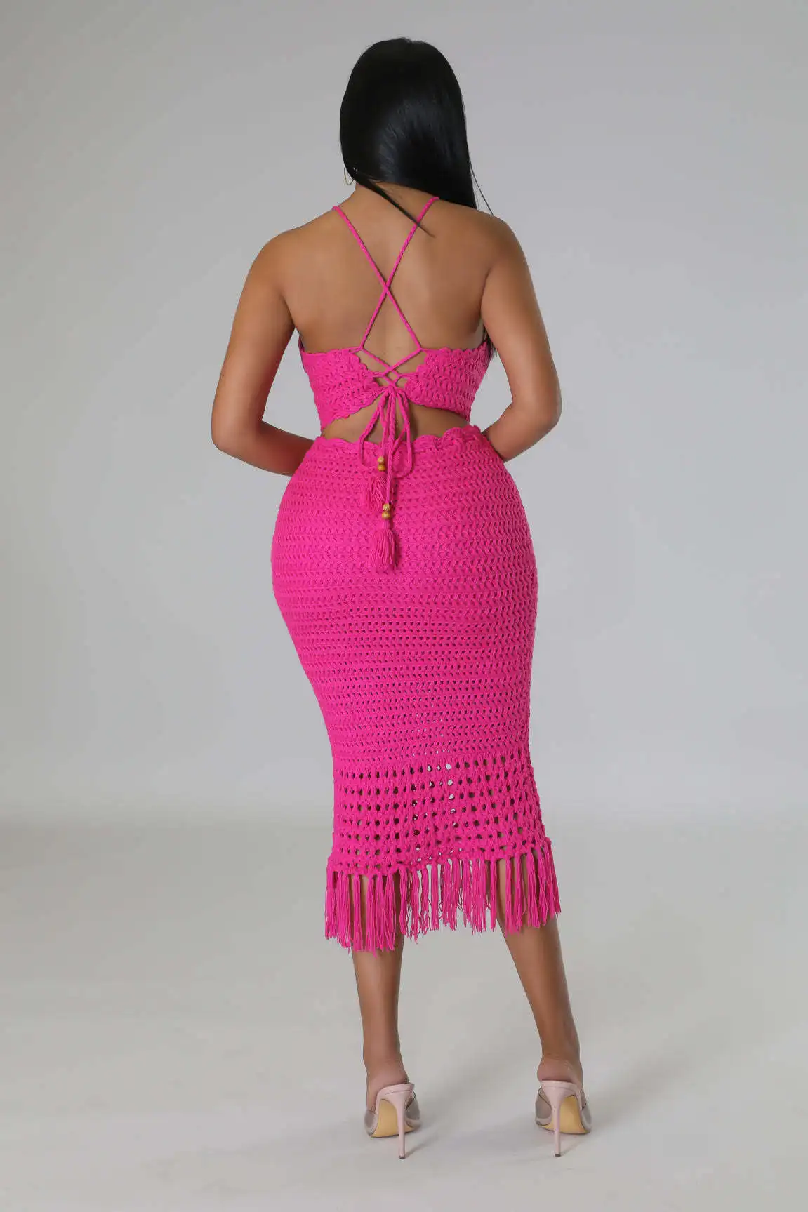 CM.YAYA Beach Knit See Though Women Two 2 Piece Set Outfits Halter Neck Crop Top and Tassel Midi Skirt Suit 2023 New Dress Set