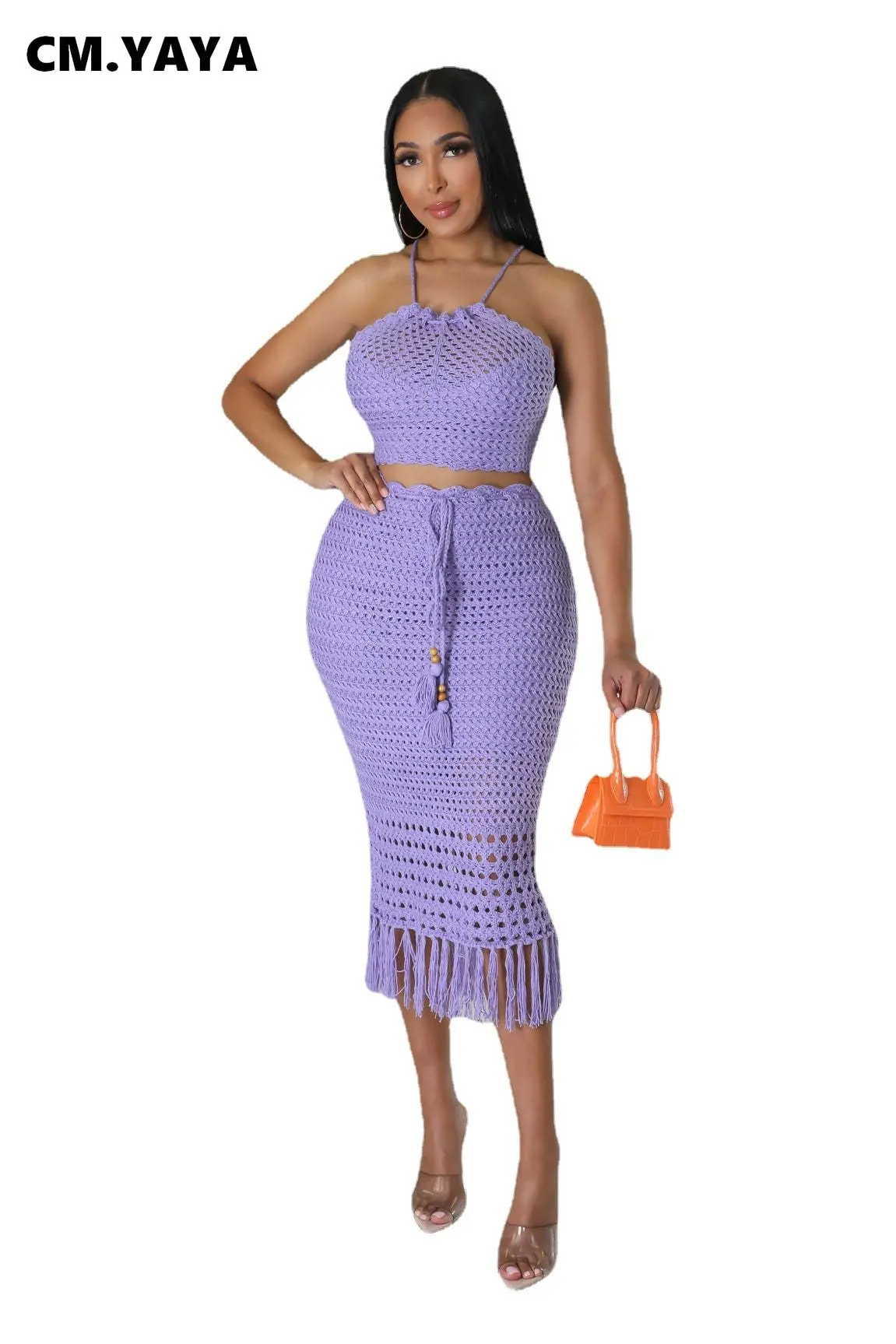CM.YAYA Beach Knit See Though Women Two 2 Piece Set Outfits Halter Neck Crop Top and Tassel Midi Skirt Suit 2023 New Dress Set