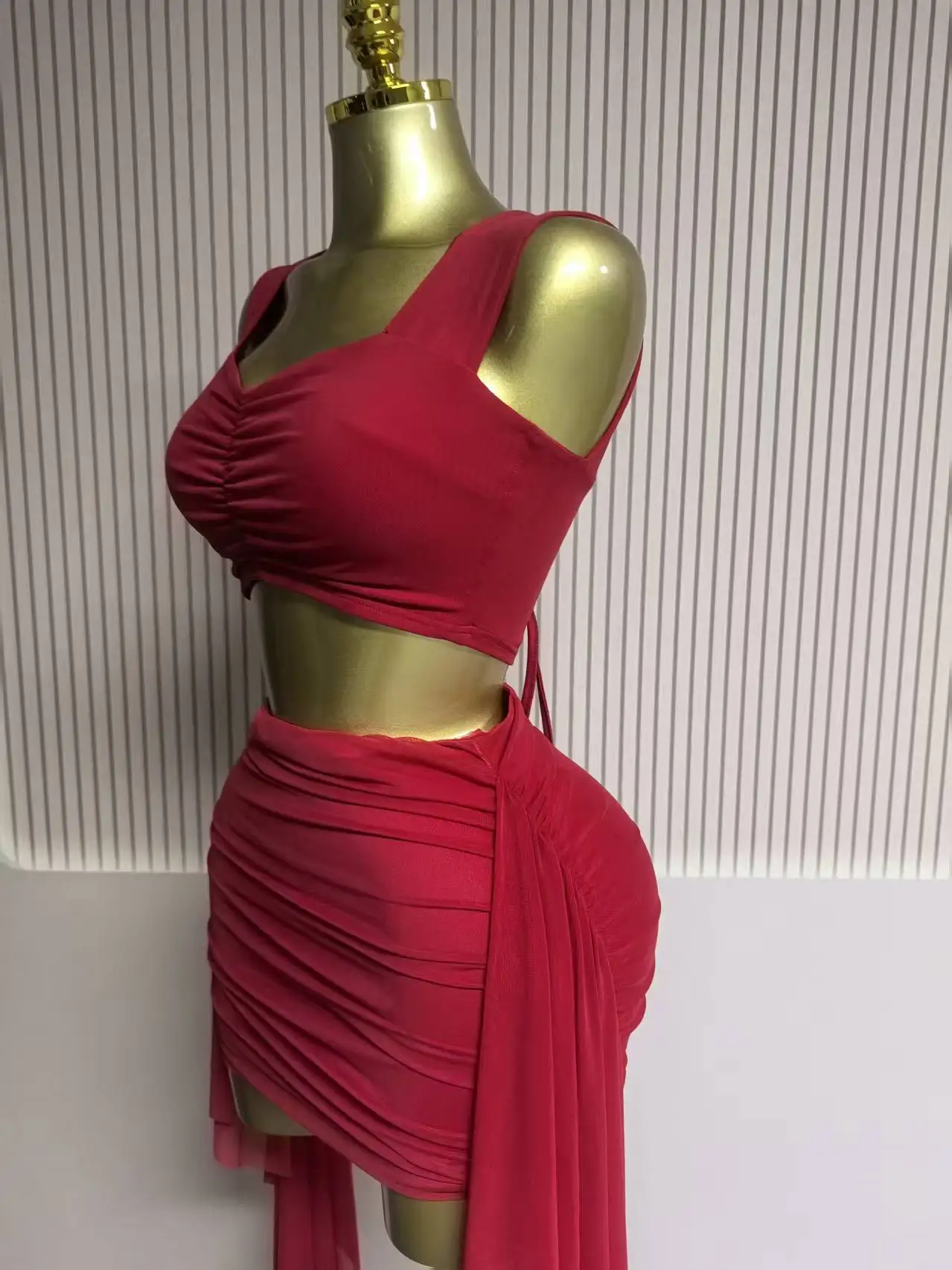 GLCMYAYA Fashion Ruched Women's Dress Set Crop Strap Tops and Ribbon Bodycon Mini Skirts Suit Vacation Two 2 Piece Set Outfit