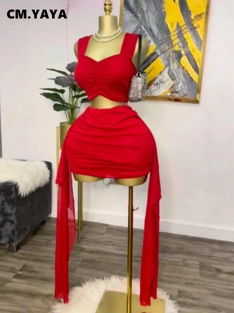 GLCMYAYA Fashion Ruched Women's Dress Set Crop Strap Tops and Ribbon Bodycon Mini Skirts Suit Vacation Two 2 Piece Set Outfit