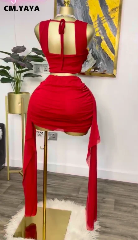 GLCMYAYA Fashion Ruched Women's Dress Set Crop Strap Tops and Ribbon Bodycon Mini Skirts Suit Vacation Two 2 Piece Set Outfit