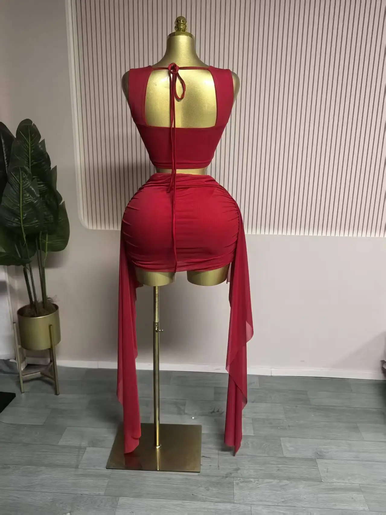 GLCMYAYA Fashion Ruched Women's Dress Set Crop Strap Tops and Ribbon Bodycon Mini Skirts Suit Vacation Two 2 Piece Set Outfit