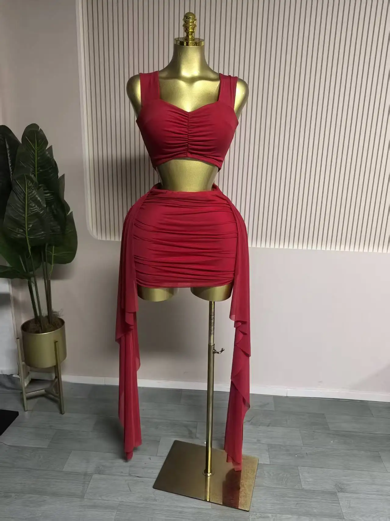 GLCMYAYA Fashion Ruched Women's Dress Set Crop Strap Tops and Ribbon Bodycon Mini Skirts Suit Vacation Two 2 Piece Set Outfit