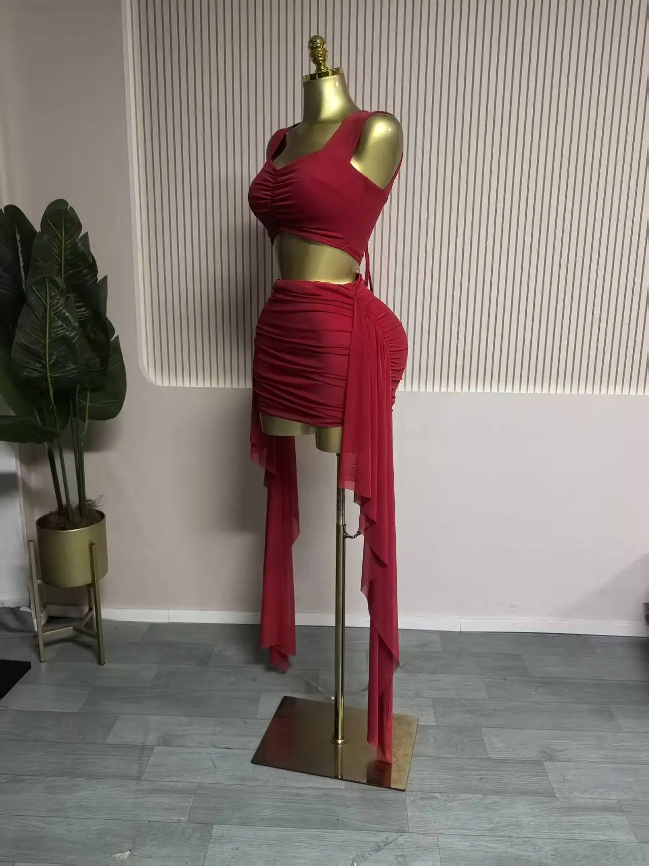 GLCMYAYA Fashion Ruched Women's Dress Set Crop Strap Tops and Ribbon Bodycon Mini Skirts Suit Vacation Two 2 Piece Set Outfit