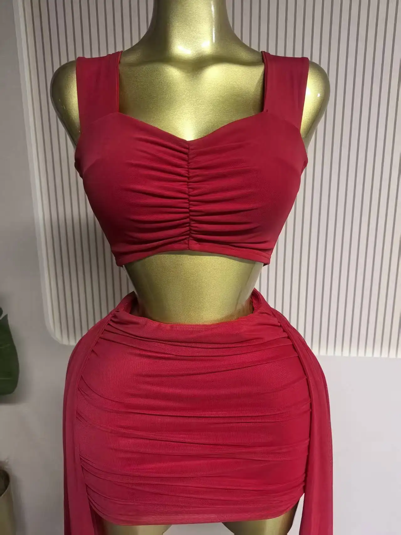 GLCMYAYA Fashion Ruched Women's Dress Set Crop Strap Tops and Ribbon Bodycon Mini Skirts Suit Vacation Two 2 Piece Set Outfit