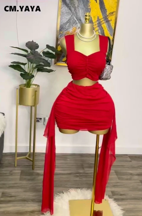 GLCMYAYA Fashion Ruched Women's Dress Set Crop Strap Tops and Ribbon Bodycon Mini Skirts Suit Vacation Two 2 Piece Set Outfit