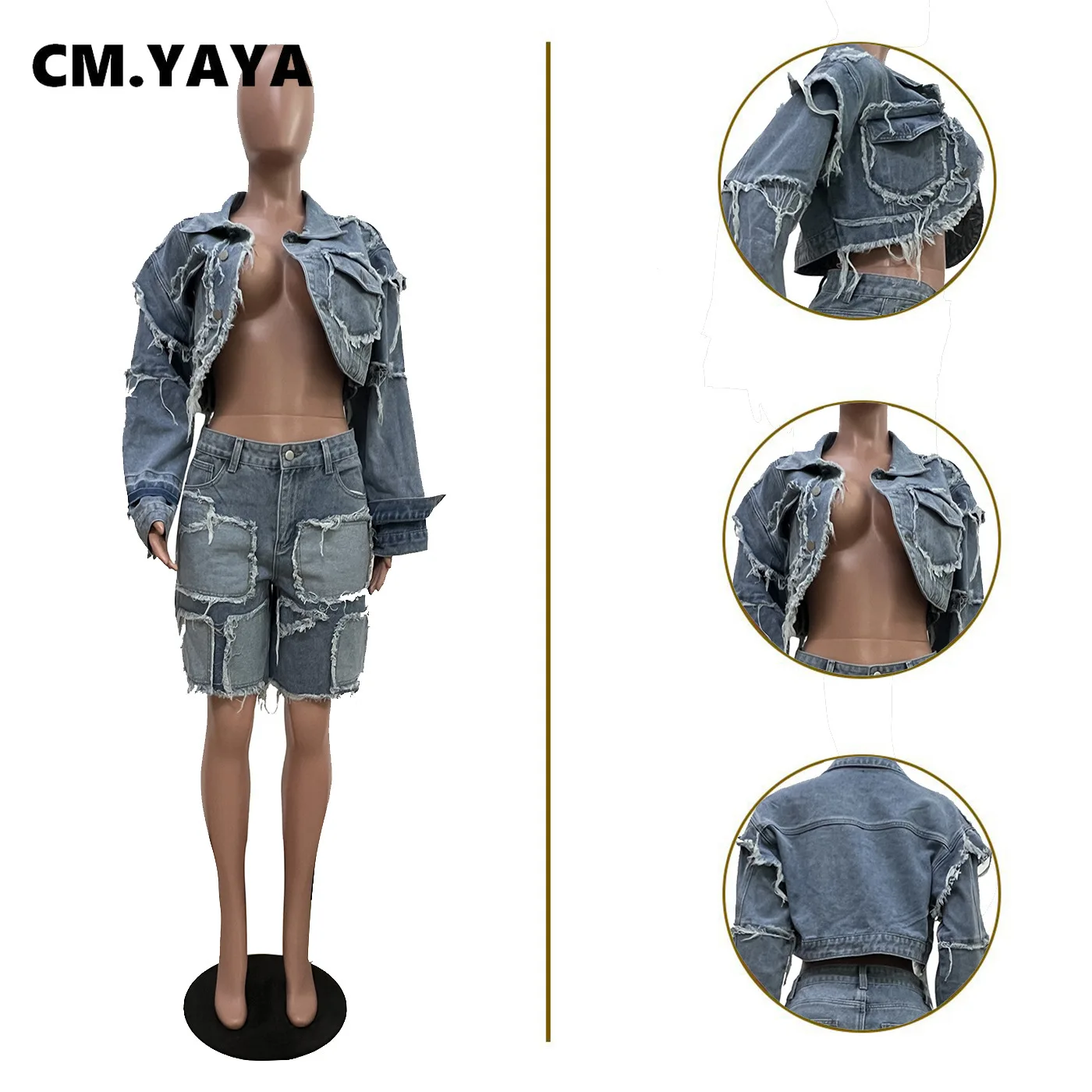 CM.YAYA Fashion Denim Women's Set Long Sleeve Crop Jacket Tops and Shorts Jeans 2025 Summer Two 2 Piece Sets Outfit Tracksuit