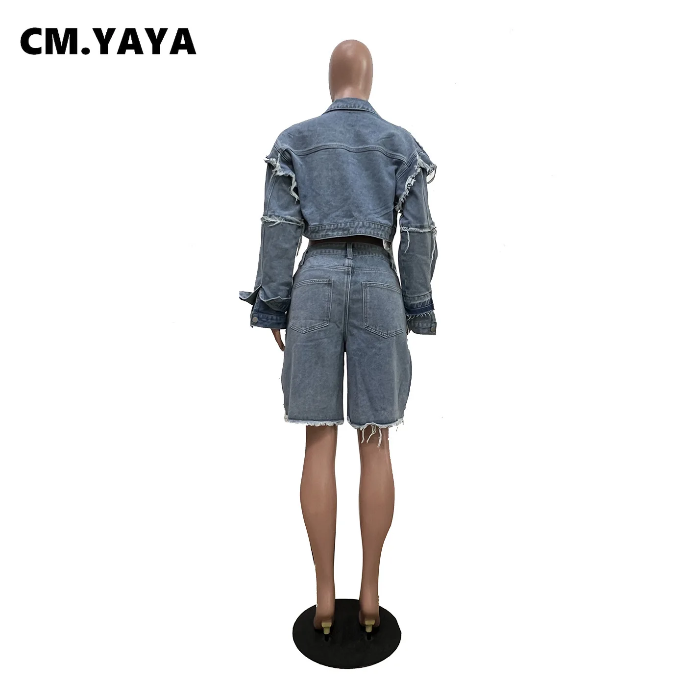 CM.YAYA Fashion Denim Women's Set Long Sleeve Crop Jacket Tops and Shorts Jeans 2025 Summer Two 2 Piece Sets Outfit Tracksuit CM.YAYA Fashion Denim Women's Set Long Sleeve Crop Jacket Tops and Shorts Jeans 2025 Summer Two 2 Piece Sets Outfit Tracksuit