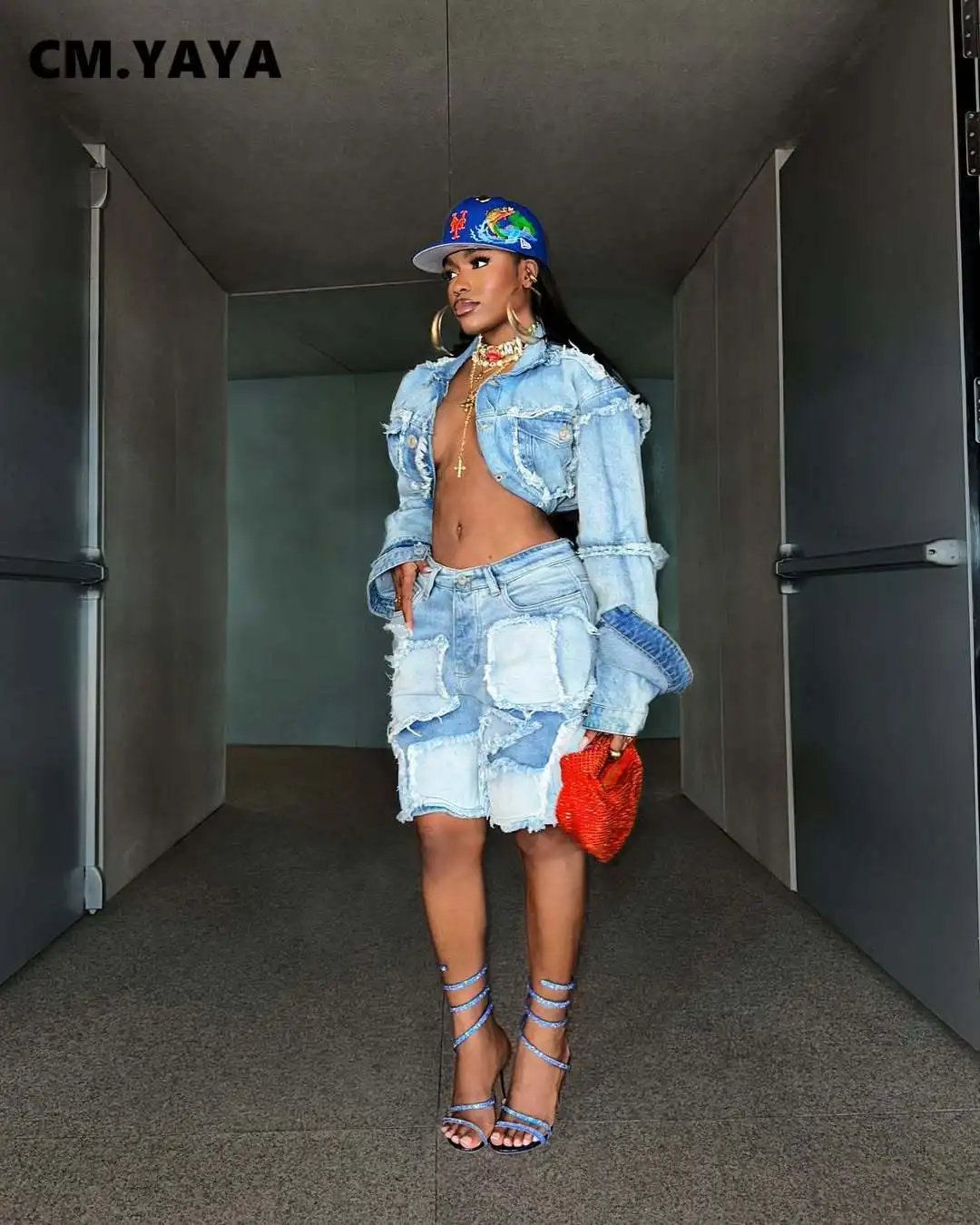 CM.YAYA Fashion Denim Women's Set Long Sleeve Crop Jacket Tops and Shorts Jeans 2025 Summer Two 2 Piece Sets Outfit Tracksuit