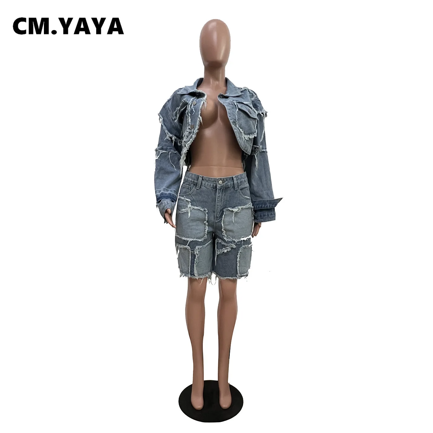 CM.YAYA Fashion Denim Women's Set Long Sleeve Crop Jacket Tops and Shorts Jeans 2025 Summer Two 2 Piece Sets Outfit Tracksuit CM.YAYA Fashion Denim Women's Set Long Sleeve Crop Jacket Tops and Shorts Jeans 2025 Summer Two 2 Piece Sets Outfit Tracksuit