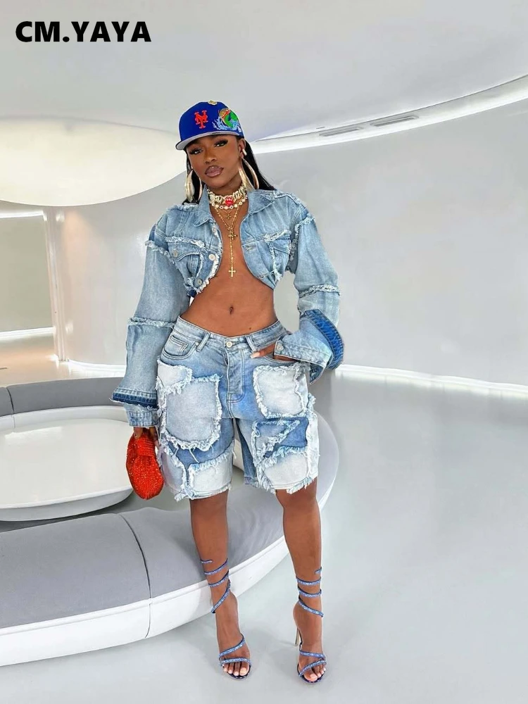 CM.YAYA Fashion Denim Women's Set Long Sleeve Crop Jacket Tops and Shorts Jeans 2025 Summer Two 2 Piece Sets Outfit Tracksuit