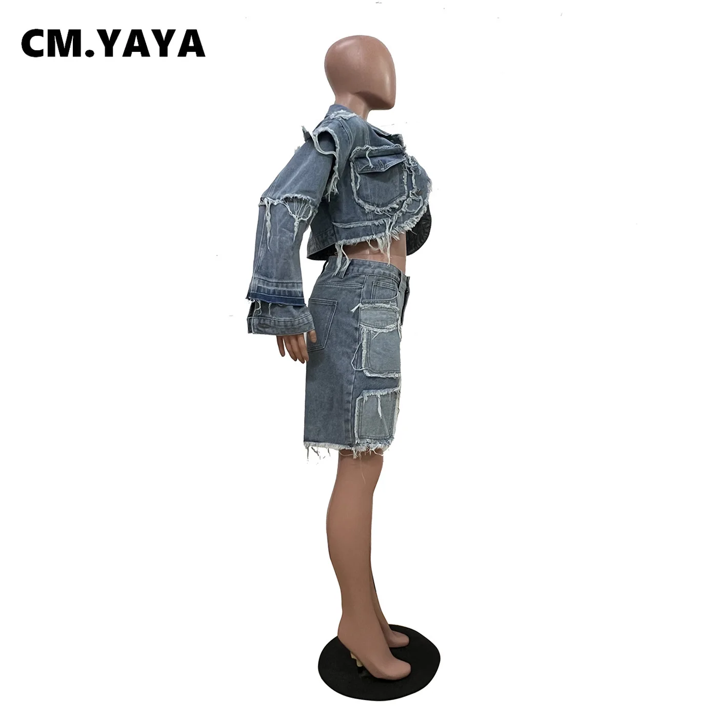 CM.YAYA Fashion Denim Women's Set Long Sleeve Crop Jacket Tops and Shorts Jeans 2025 Summer Two 2 Piece Sets Outfit Tracksuit