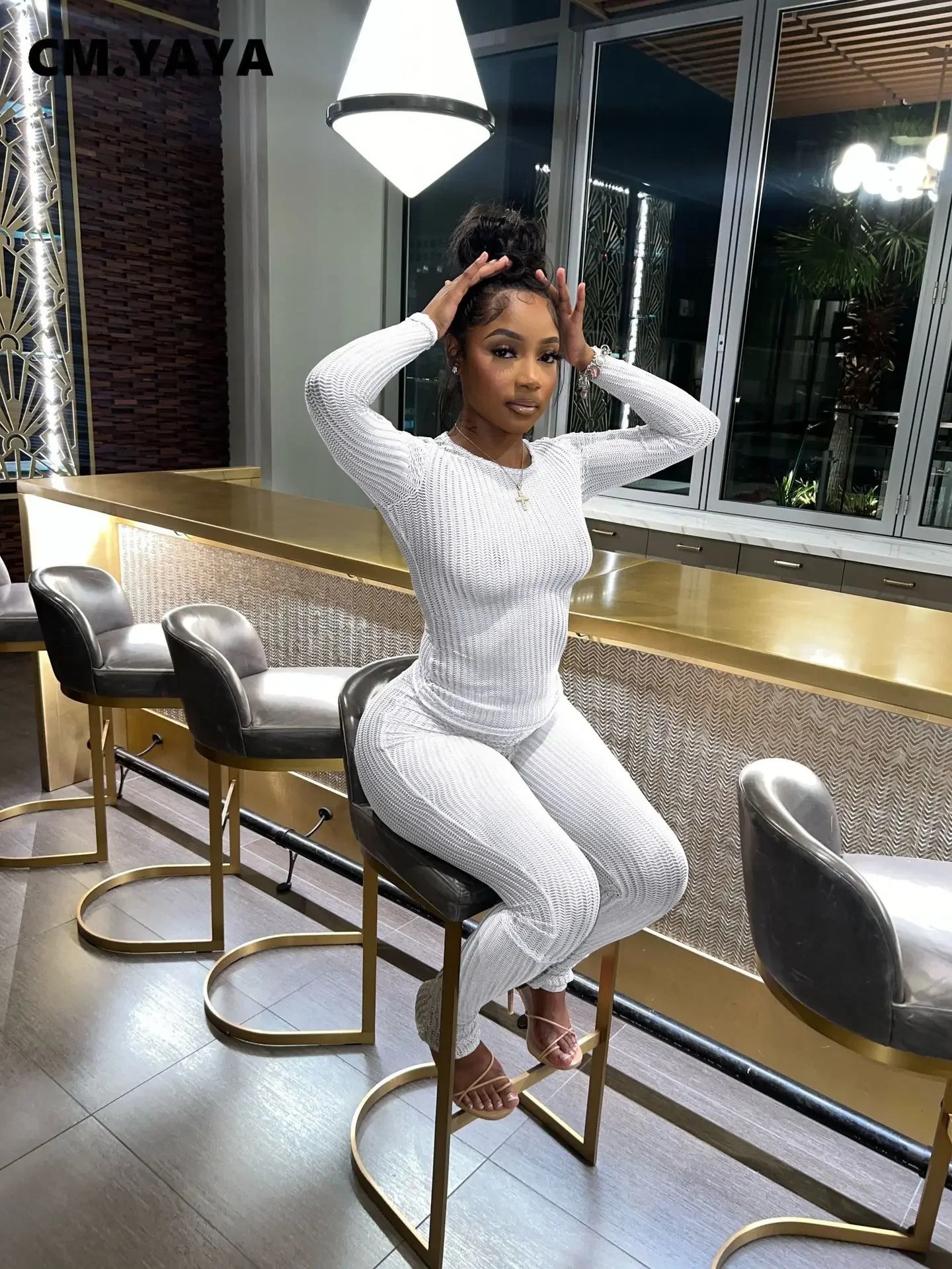 CM.YAYA Fashion See Though Women's Set Long Sleeve T-shirt and Flare Pants 2024 Active Street Two 2 Piece Sets Outfits Tracksuit