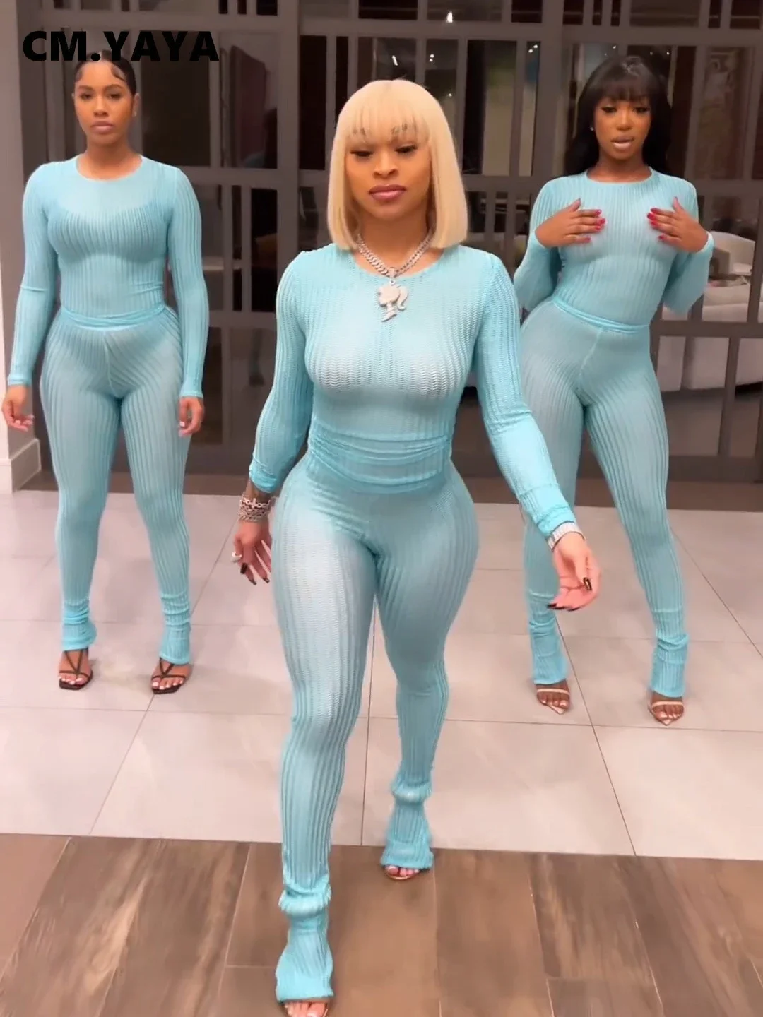 CM.YAYA Fashion See Though Women's Set Long Sleeve T-shirt and Flare Pants 2024 Active Street Two 2 Piece Sets Outfits Tracksuit