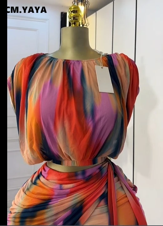 CM.YAYA Tie Dye Printed Women's Set Ruched Short Sleeve T-Shirt Tops and Stacked Mini Skirts Suit 2025 Two 2 Piece Sets Outfit