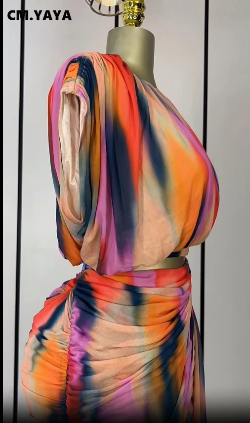 CM.YAYA Tie Dye Printed Women's Set Ruched Short Sleeve T-Shirt Tops and Stacked Mini Skirts Suit 2025 Two 2 Piece Sets Outfit