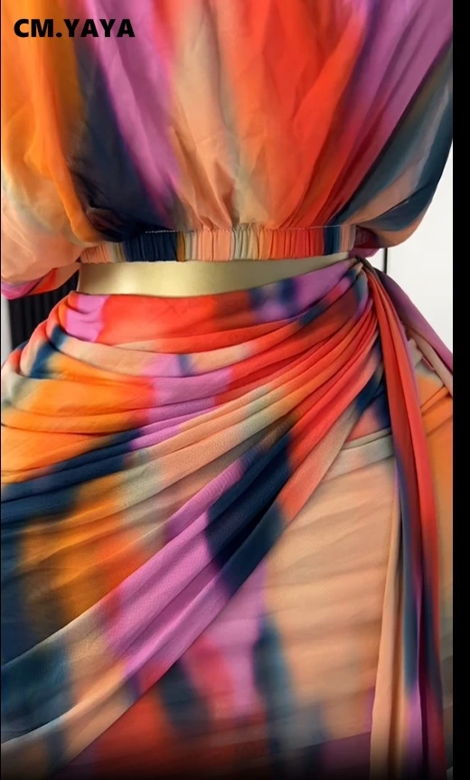 CM.YAYA Tie Dye Printed Women's Set Ruched Short Sleeve T-Shirt Tops and Stacked Mini Skirts Suit 2025 Two 2 Piece Sets Outfit