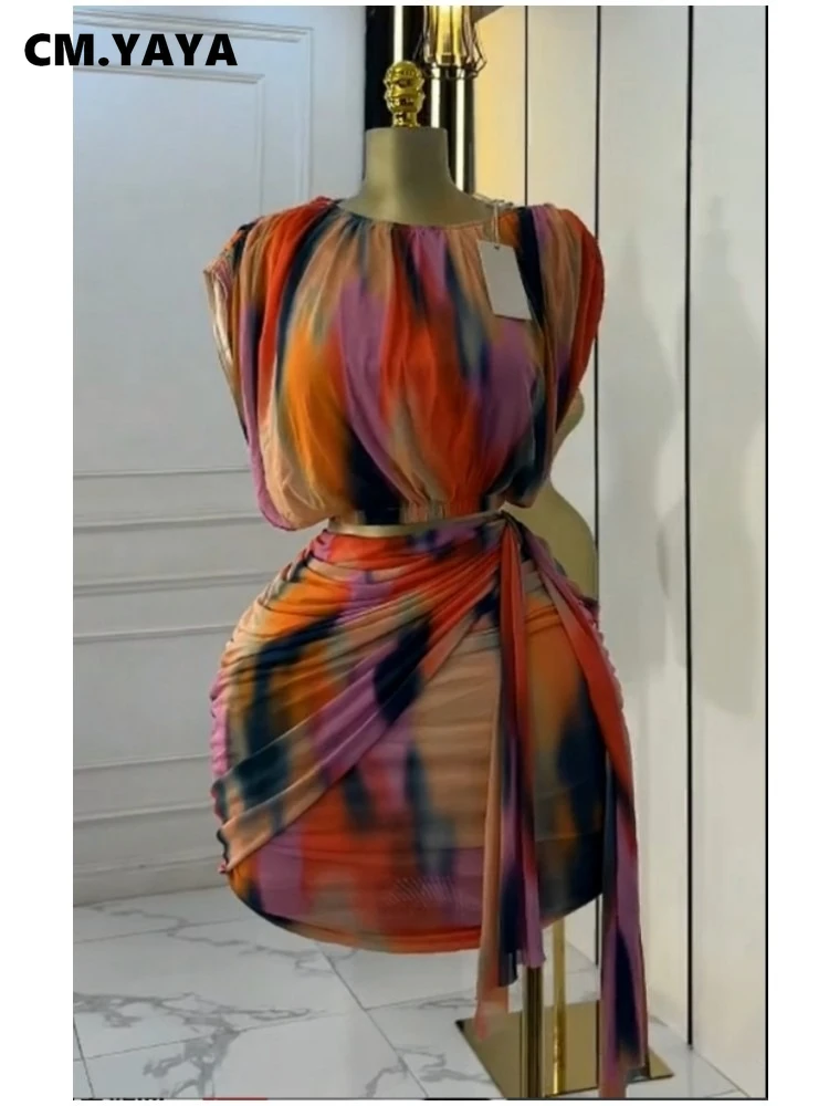 CM.YAYA Tie Dye Printed Women's Set Ruched Short Sleeve T-Shirt Tops and Stacked Mini Skirts Suit 2025 Two 2 Piece Sets Outfit