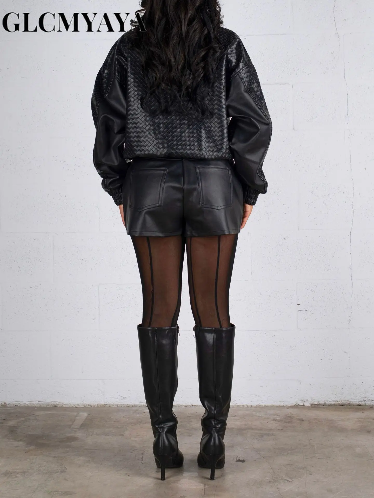 GLCMYAYA 2026 Winter Street Women Set Long Sleeve Plaid PU Leather Jacket and Short Suits Fashion Two 2 Piece Set Outfits