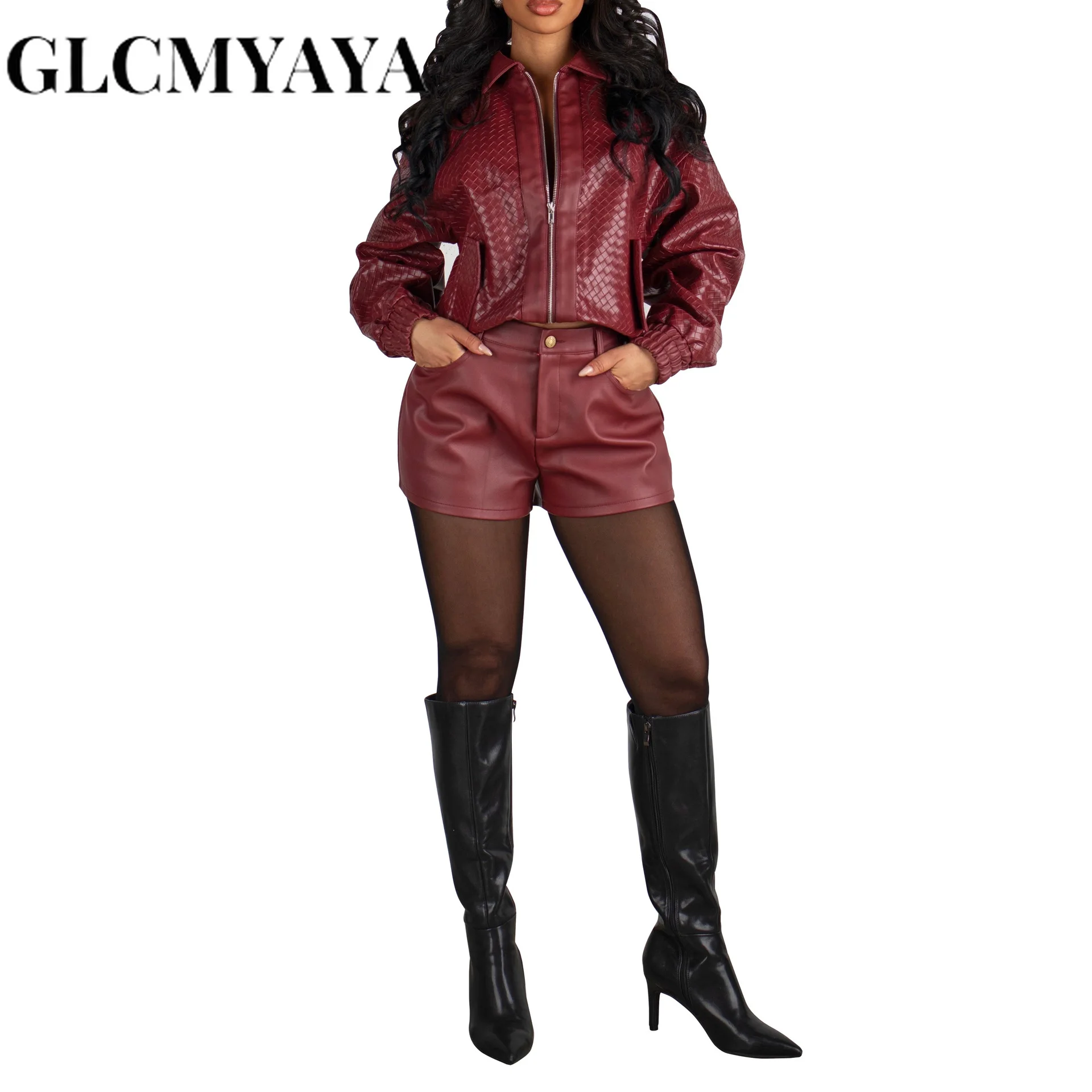 GLCMYAYA 2026 Winter Street Women Set Long Sleeve Plaid PU Leather Jacket and Short Suits Fashion Two 2 Piece Set Outfits