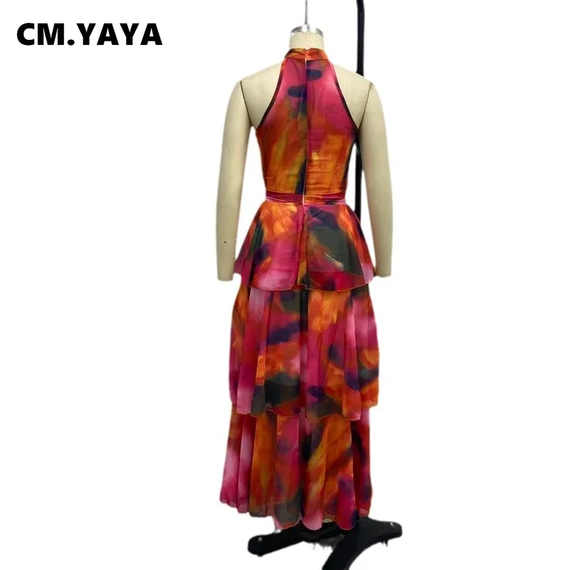 CM.YAYA Women Dress Sleeveless Printed Vest Long Ruffles 2024 Summer Beach Sexy Night Party Dresses Outfits