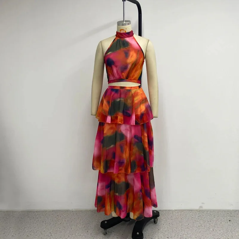 CM.YAYA Women Dress Sleeveless Printed Vest Long Ruffles 2024 Summer Beach Sexy Night Party Dresses Outfits