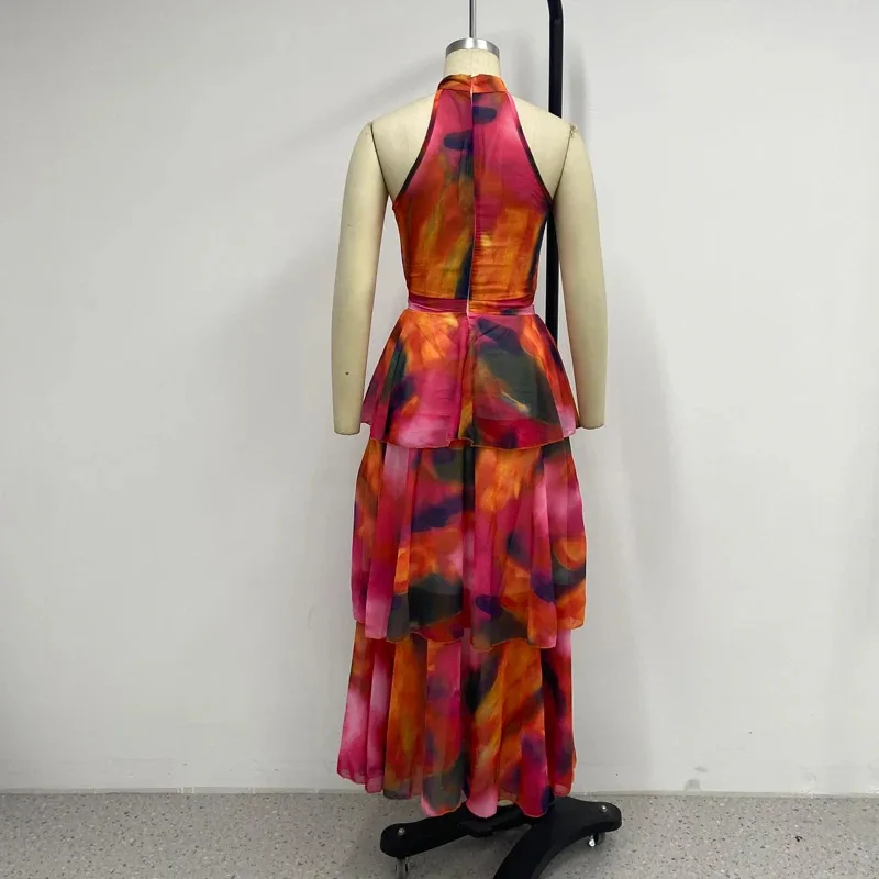 CM.YAYA Women Dress Sleeveless Printed Vest Long Ruffles 2024 Summer Beach Sexy Night Party Dresses Outfits