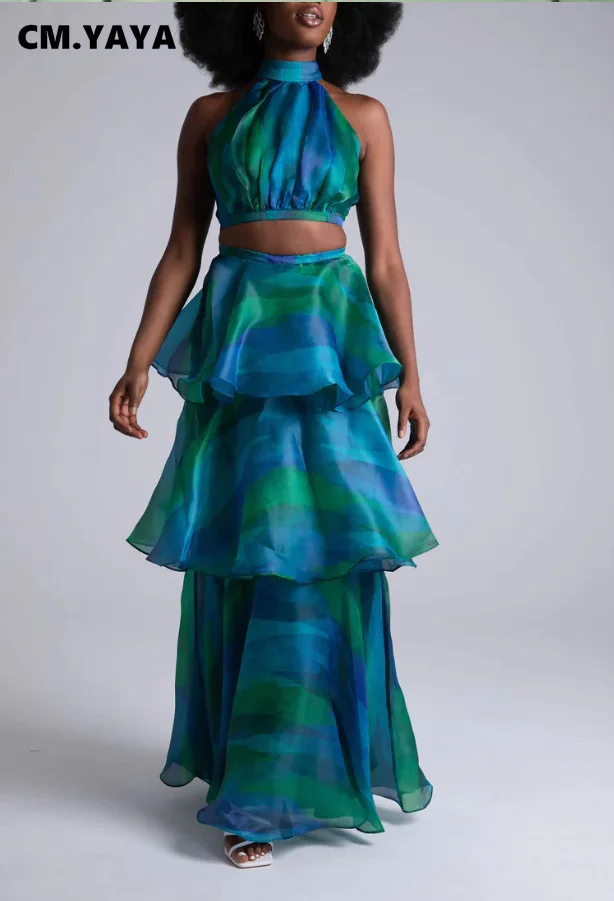 CM.YAYA Women Dress Sleeveless Printed Vest Long Ruffles 2024 Summer Beach Sexy Night Party Dresses Outfits