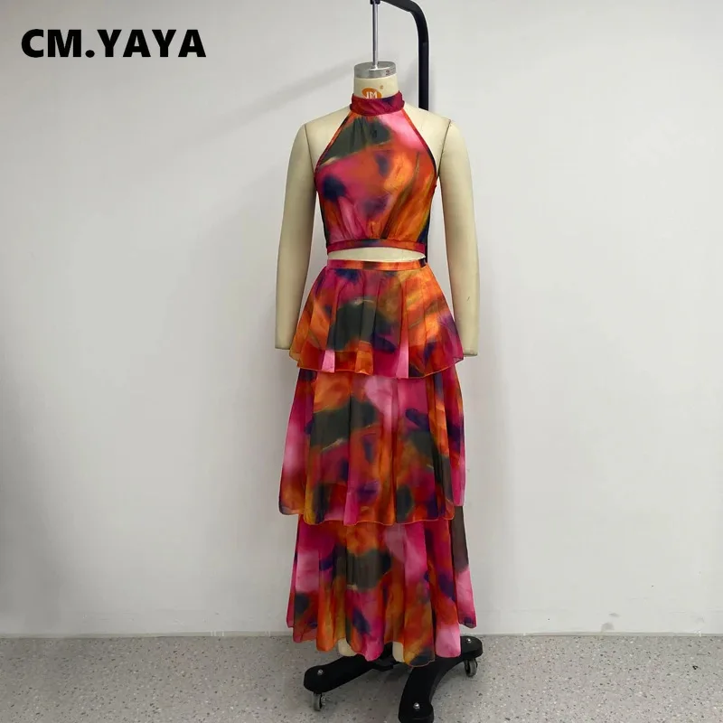 CM.YAYA Women Dress Sleeveless Printed Vest Long Ruffles 2024 Summer Beach Sexy Night Party Dresses Outfits