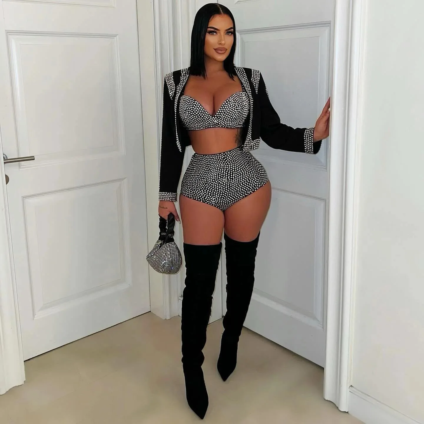CM.YAYA Diamonds Hot Rhinestones Sexy Party Women's Set Open Stitch Blazer Top + Bra and Shorts 2025 Two 2 Piece Sets Outfits CM.YAYA Diamonds Hot Rhinestones Sexy Party Women's Set Open Stitch Blazer Top + Bra and Shorts 2025 Two 2 Piece Sets Outfits