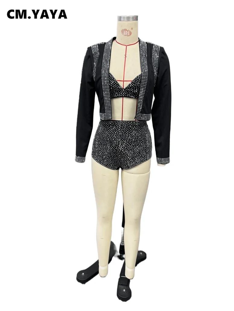 CM.YAYA Diamonds Hot Rhinestones Sexy Party Women’s Set Open Stitch Blazer Top + Bra and Shorts 2025 Two 2 Piece Sets Outfits CM.YAYA Diamonds Hot Rhinestones Sexy Party Women's Set Open Stitch Blazer Top + Bra and Shorts 2025 Two 2 Piece Sets Outfits