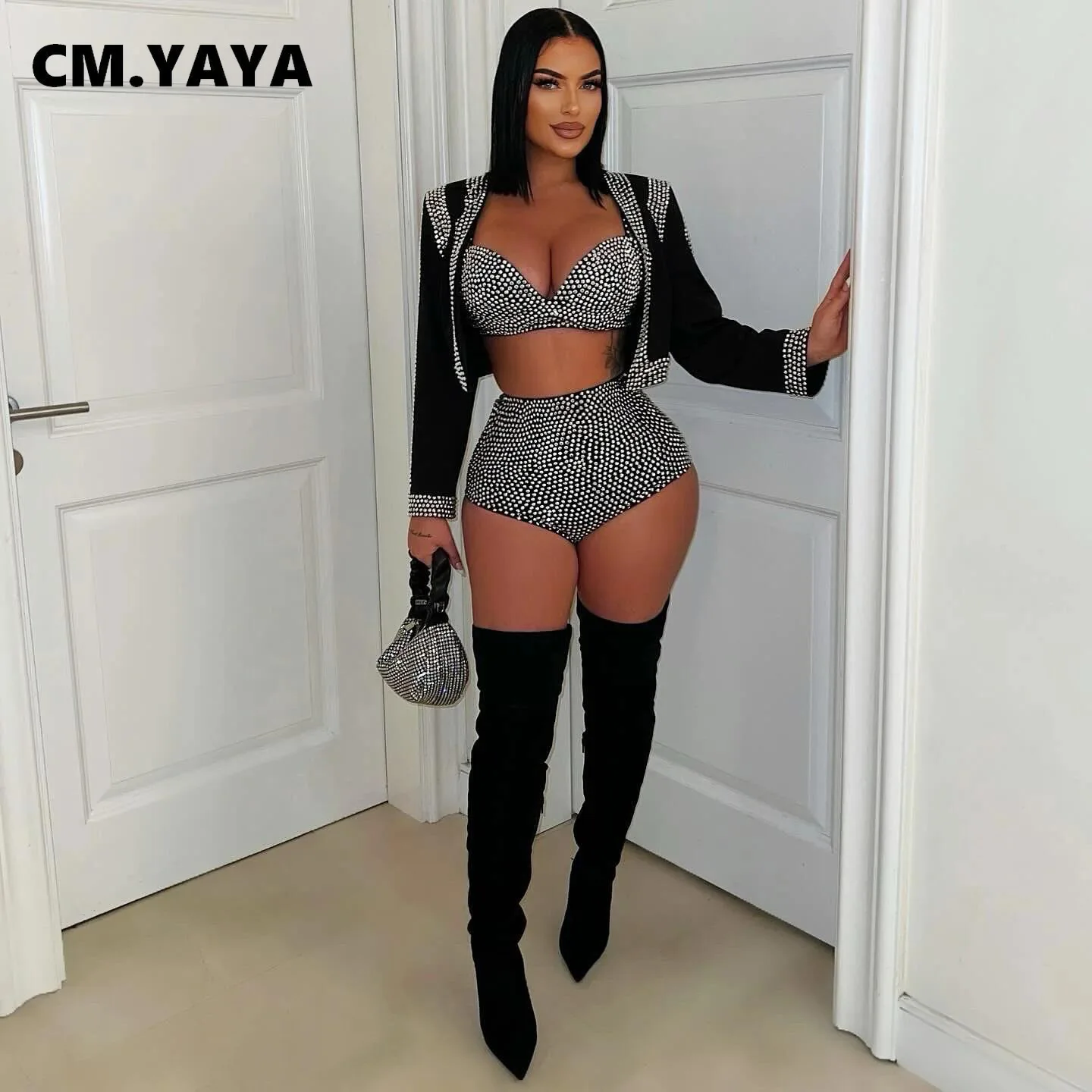 CM.YAYA Diamonds Hot Rhinestones Sexy Party Women’s Set Open Stitch Blazer Top + Bra and Shorts 2025 Two 2 Piece Sets Outfits CM.YAYA Diamonds Hot Rhinestones Sexy Party Women's Set Open Stitch Blazer Top + Bra and Shorts 2025 Two 2 Piece Sets Outfits