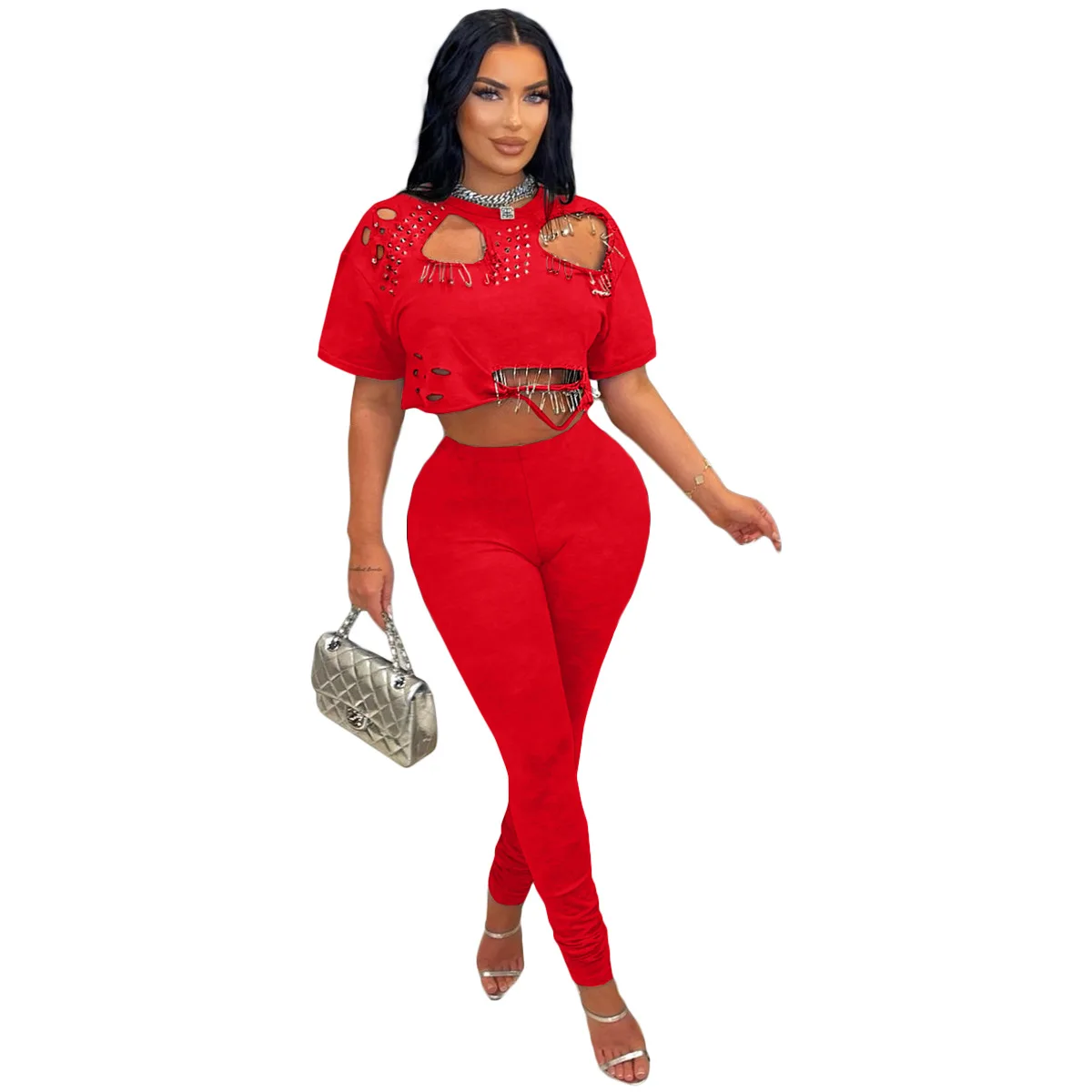 CM.YAYA Fashion Women's Set Hollow Out Hole Pin Short Sleeve T-shirt and Legging Pants 2025 Two 2 Piece Set Outfit Tracksuit