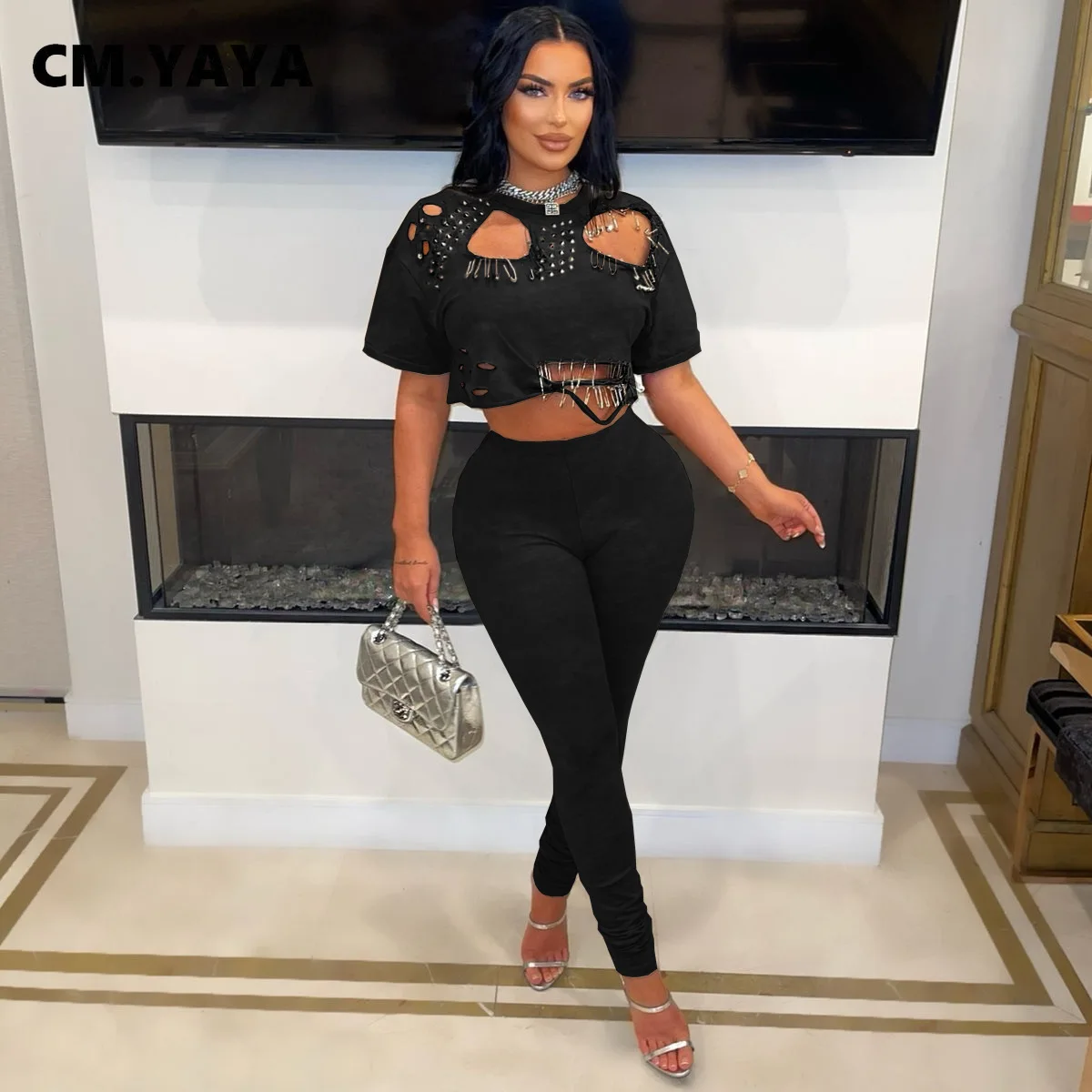 CM.YAYA Fashion Women’s Set Hollow Out Hole Pin Short Sleeve T-shirt and Legging Pants 2025 Two 2 Piece Set Outfit Tracksuit CM.YAYA Fashion Women's Set Hollow Out Hole Pin Short Sleeve T-shirt and Legging Pants 2025 Two 2 Piece Set Outfit Tracksuit