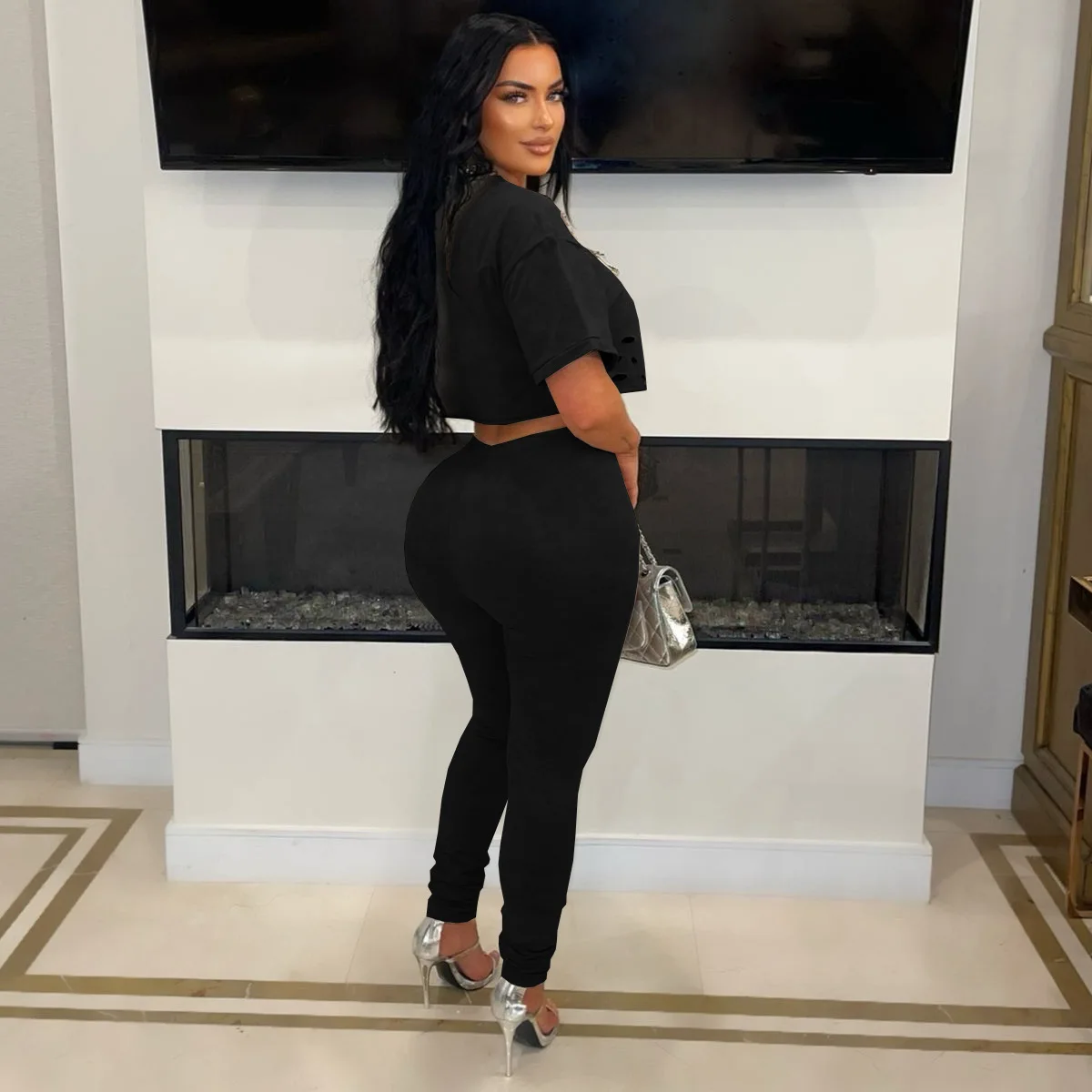 CM.YAYA Fashion Women's Set Hollow Out Hole Pin Short Sleeve T-shirt and Legging Pants 2025 Two 2 Piece Set Outfit Tracksuit