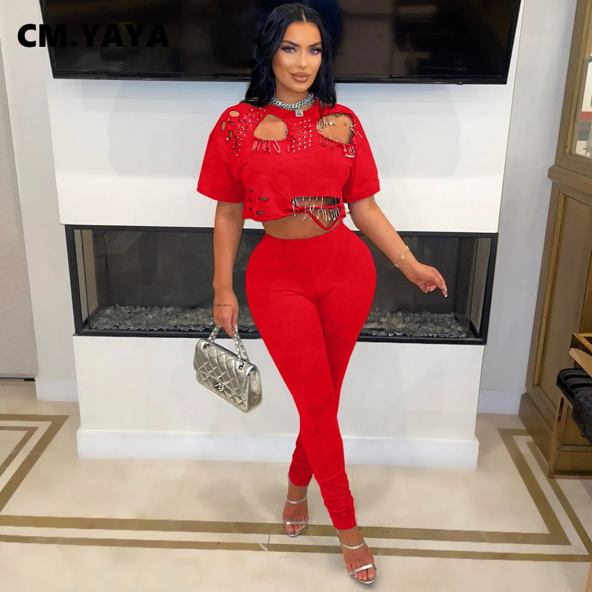 CM.YAYA Fashion Women’s Set Hollow Out Hole Pin Short Sleeve T-shirt and Legging Pants 2025 Two 2 Piece Set Outfit Tracksuit CM.YAYA Fashion Women's Set Hollow Out Hole Pin Short Sleeve T-shirt and Legging Pants 2025 Two 2 Piece Set Outfit Tracksuit