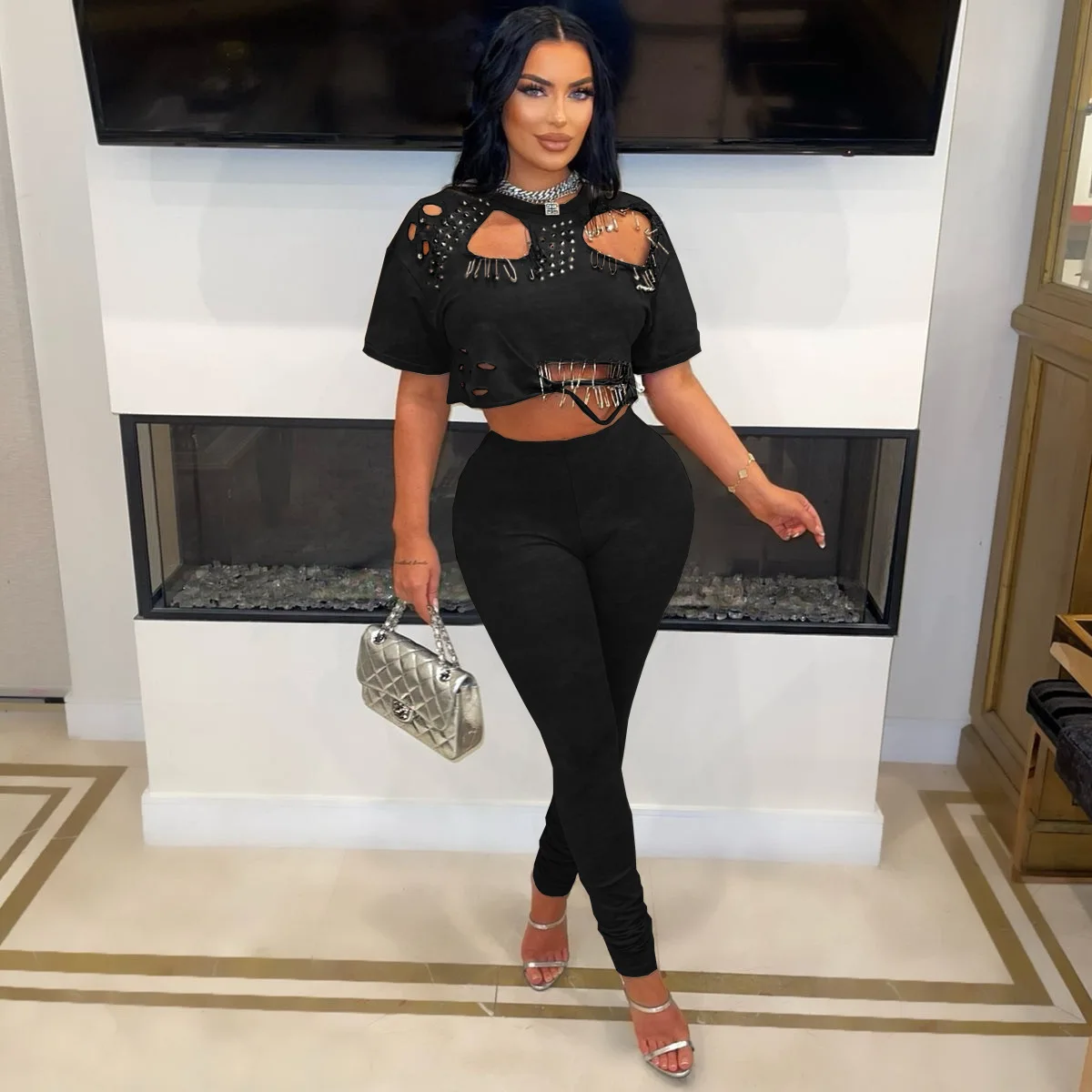 CM.YAYA Fashion Women's Set Hollow Out Hole Pin Short Sleeve T-shirt and Legging Pants 2025 Two 2 Piece Set Outfit Tracksuit