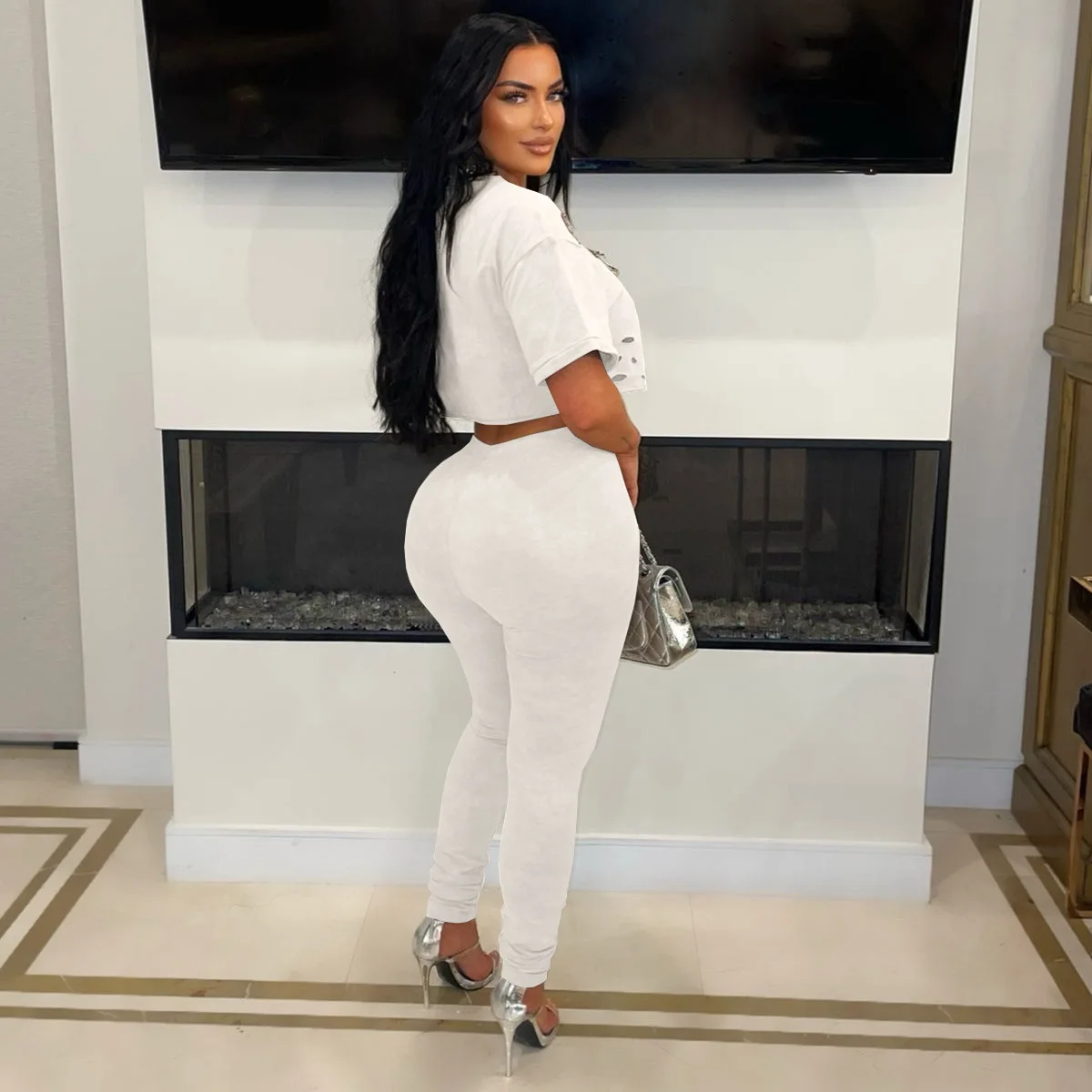 CM.YAYA Fashion Women's Set Hollow Out Hole Pin Short Sleeve T-shirt and Legging Pants 2025 Two 2 Piece Set Outfit Tracksuit